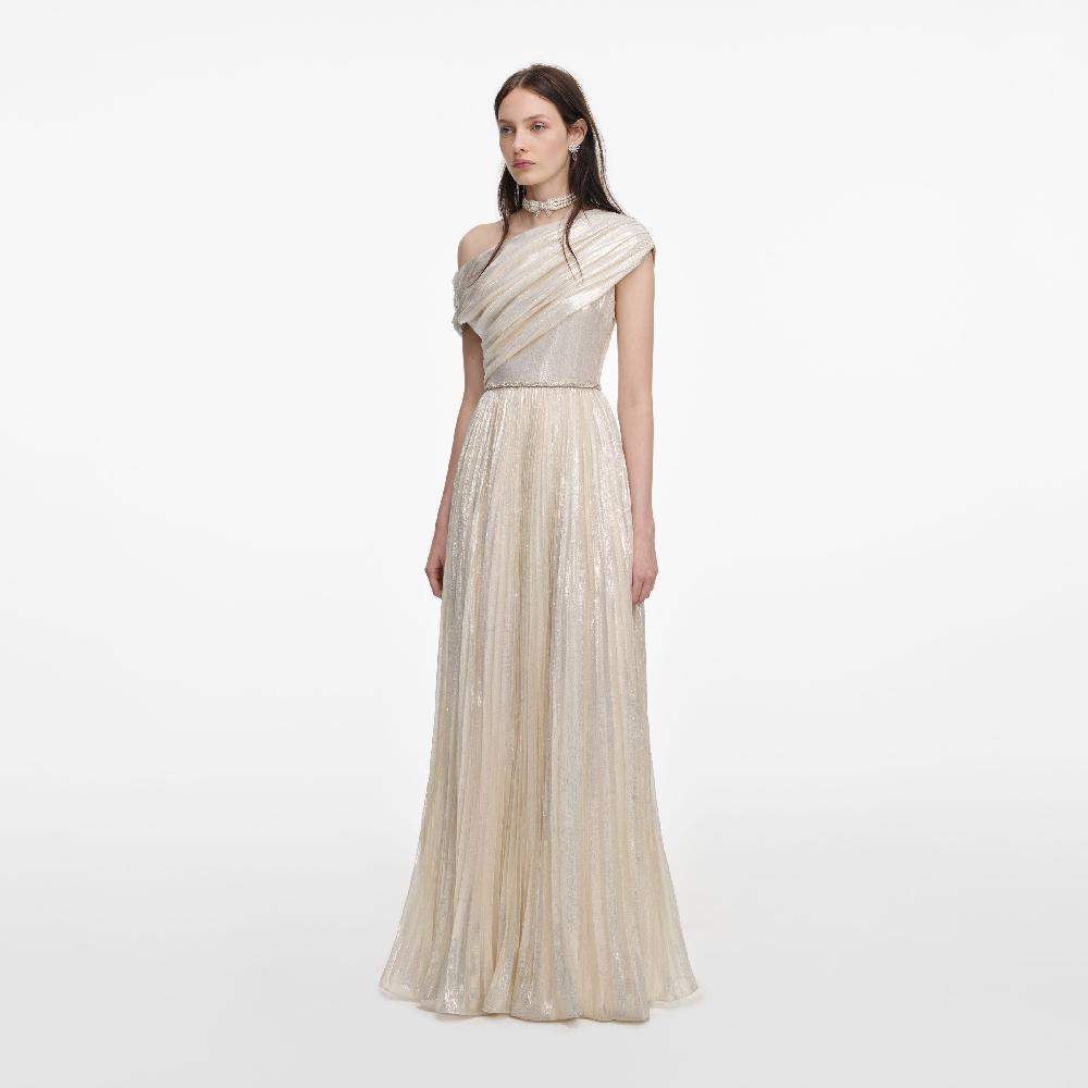 Self Portrait Champagne Metallic Chiffon Maxi Dress CLOTHING