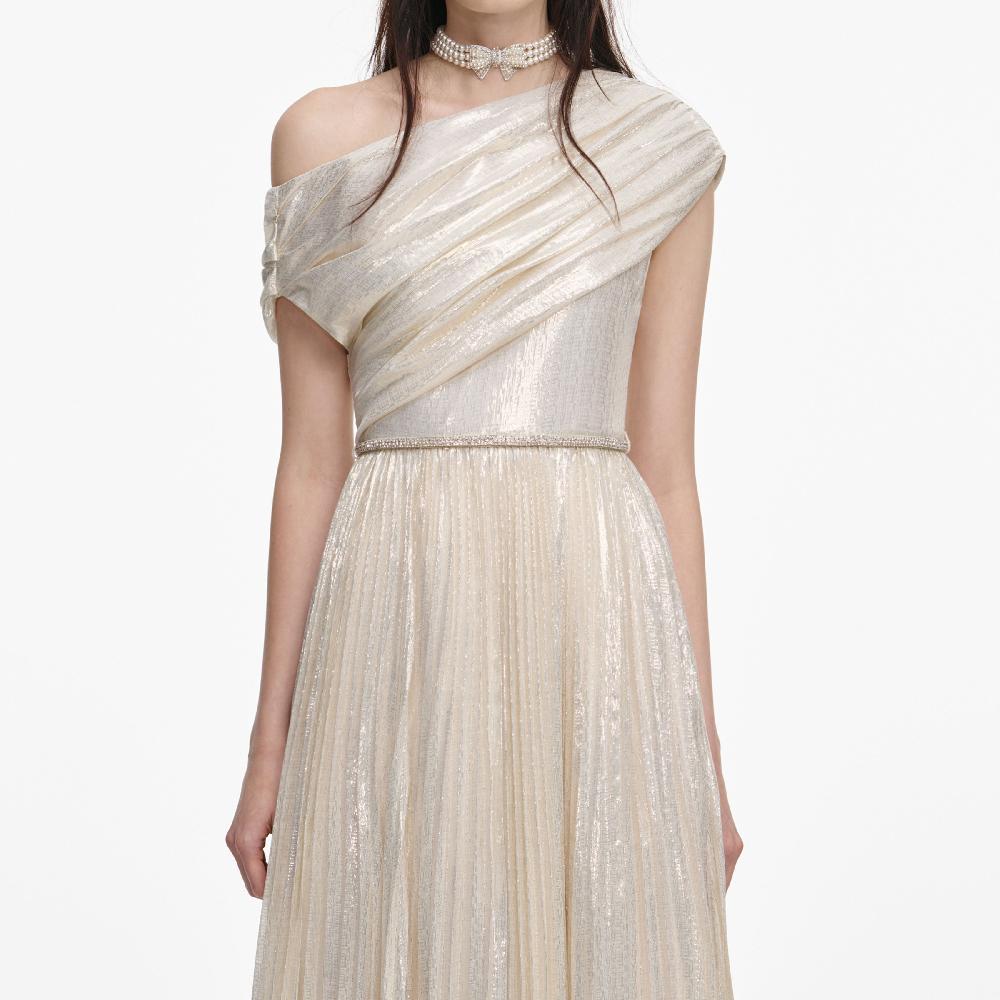 Self Portrait Champagne Metallic Chiffon Maxi Dress CLOTHING