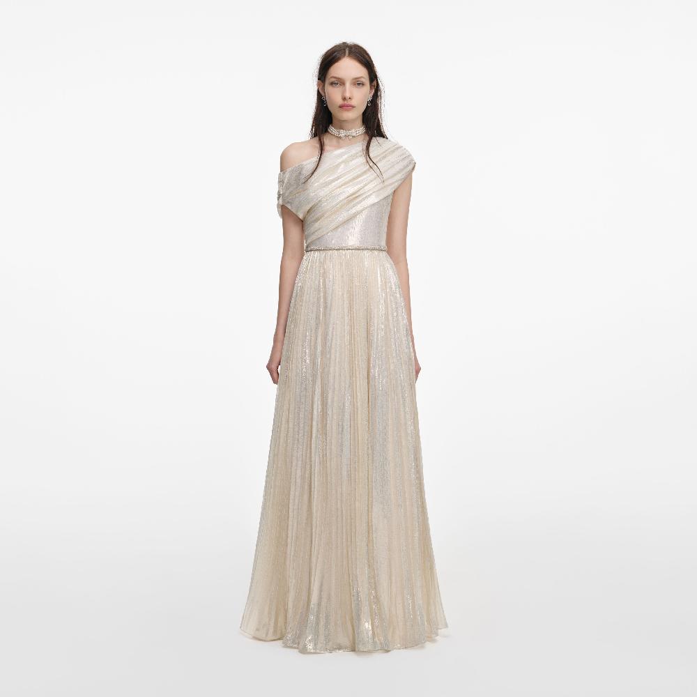 self portrait Champagne Metallic Chiffon Maxi Dress CLOTHING