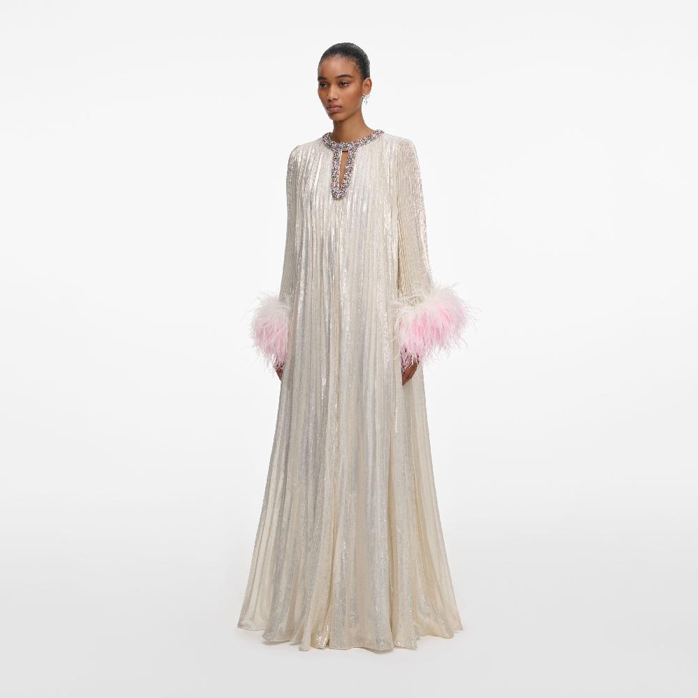 Self Portrait Champagne Metallic Ombre Feather Maxi Dress CLOTHING