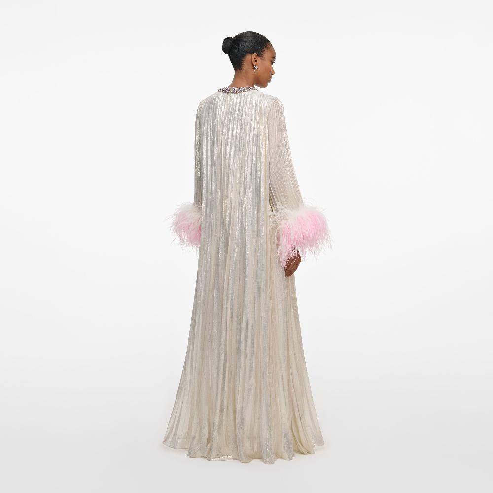 Self Portrait Champagne Metallic Ombre Feather Maxi Dress CLOTHING