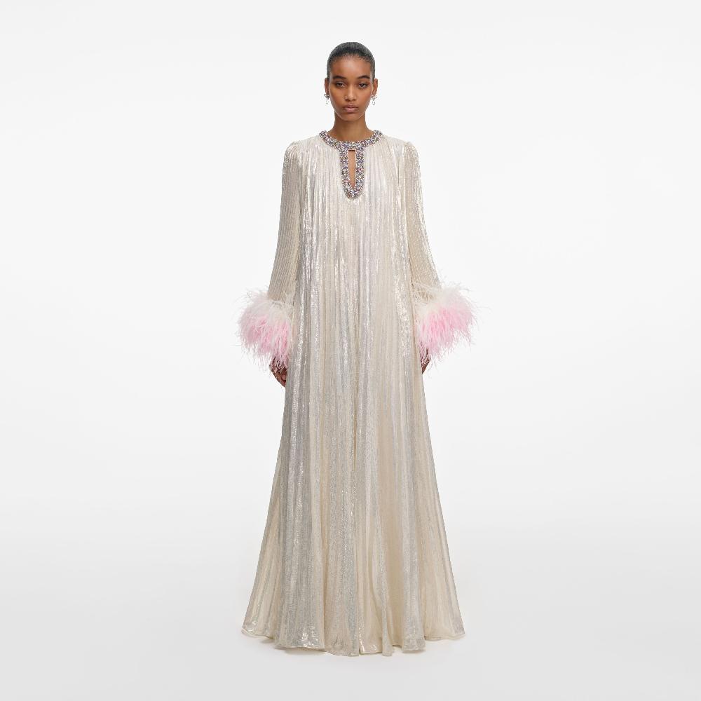 self portrait Champagne Metallic Ombre Feather Maxi Dress CLOTHING