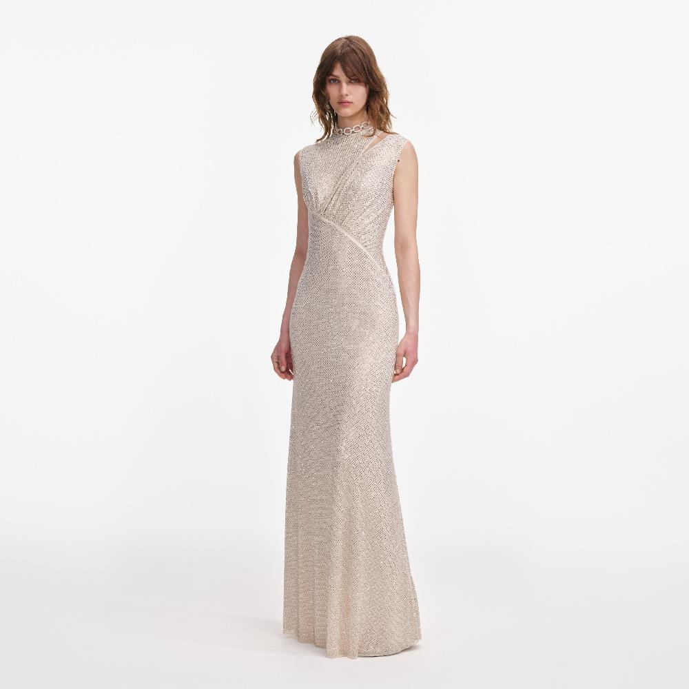 Self Portrait Champagne Rhinestone Cut Out Maxi Dress CLOTHING