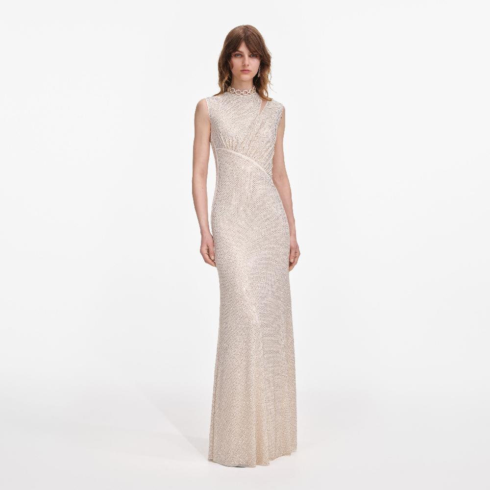 self portrait Champagne Rhinestone Cut Out Maxi Dress CLOTHING