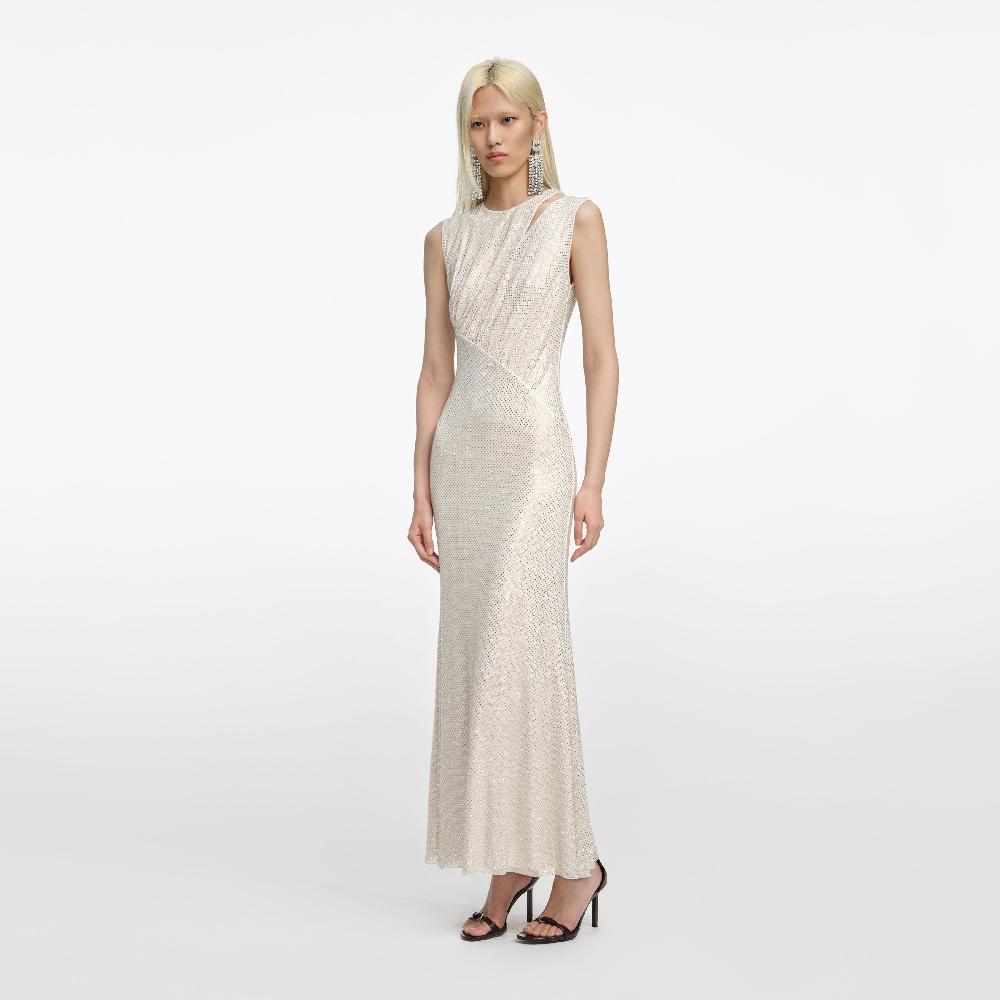 Self Portrait Champagne Rhinestone Cut Out Midi Dress CLOTHING