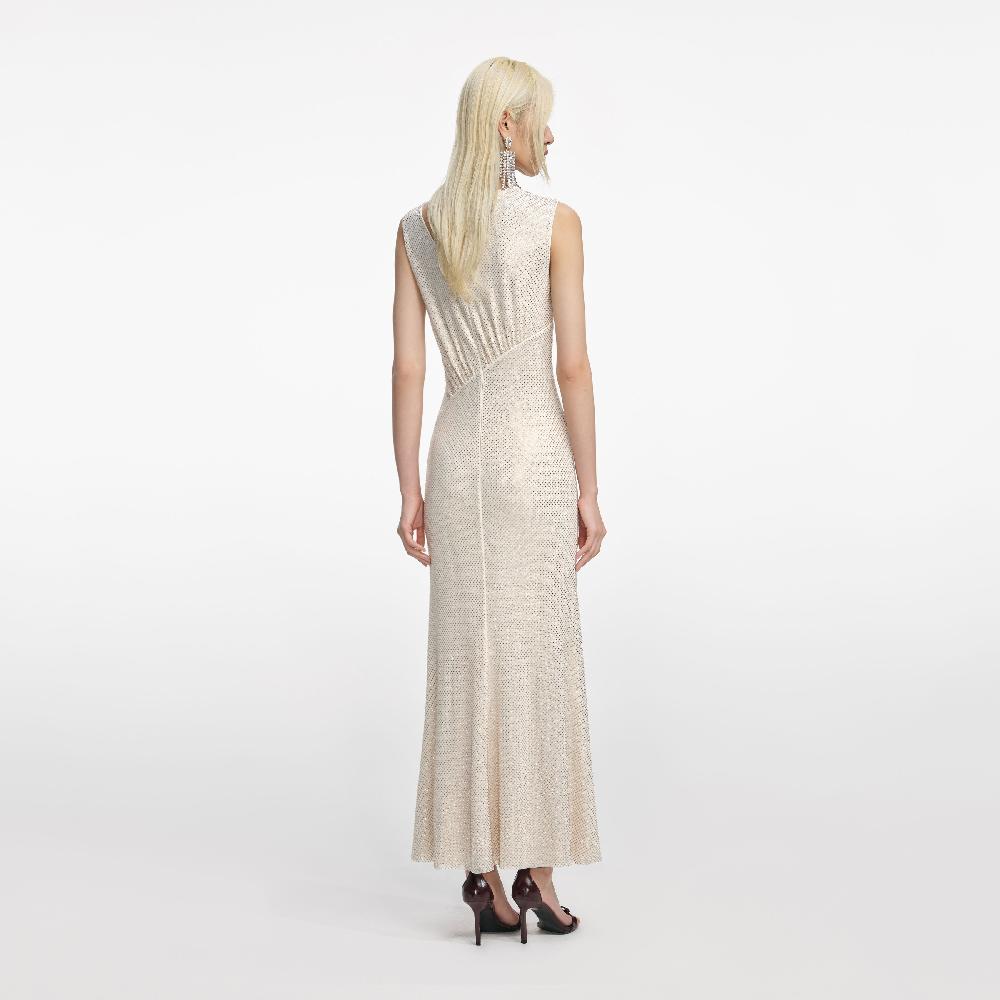 Self Portrait Champagne Rhinestone Cut Out Midi Dress CLOTHING