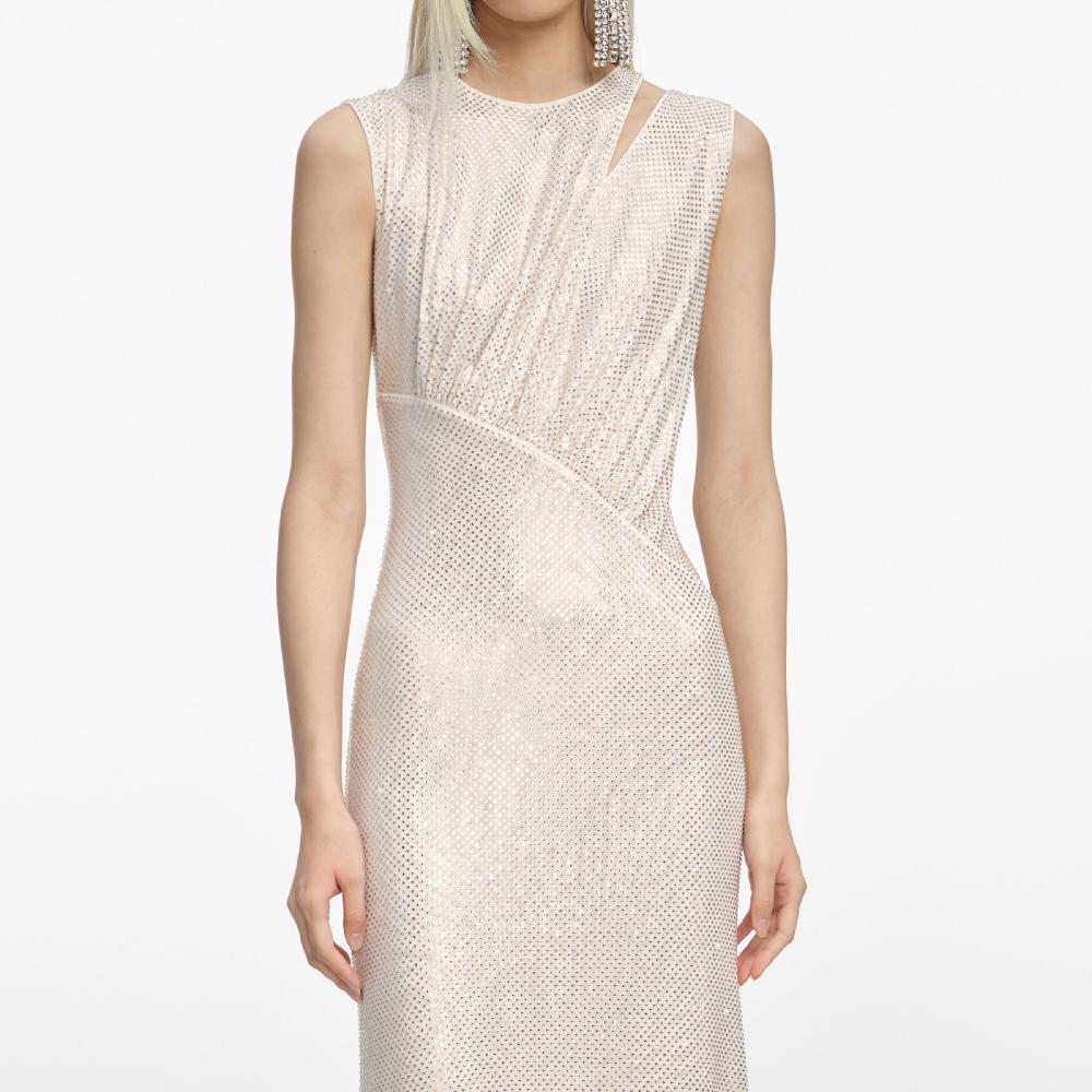 Self Portrait Champagne Rhinestone Cut Out Midi Dress CLOTHING