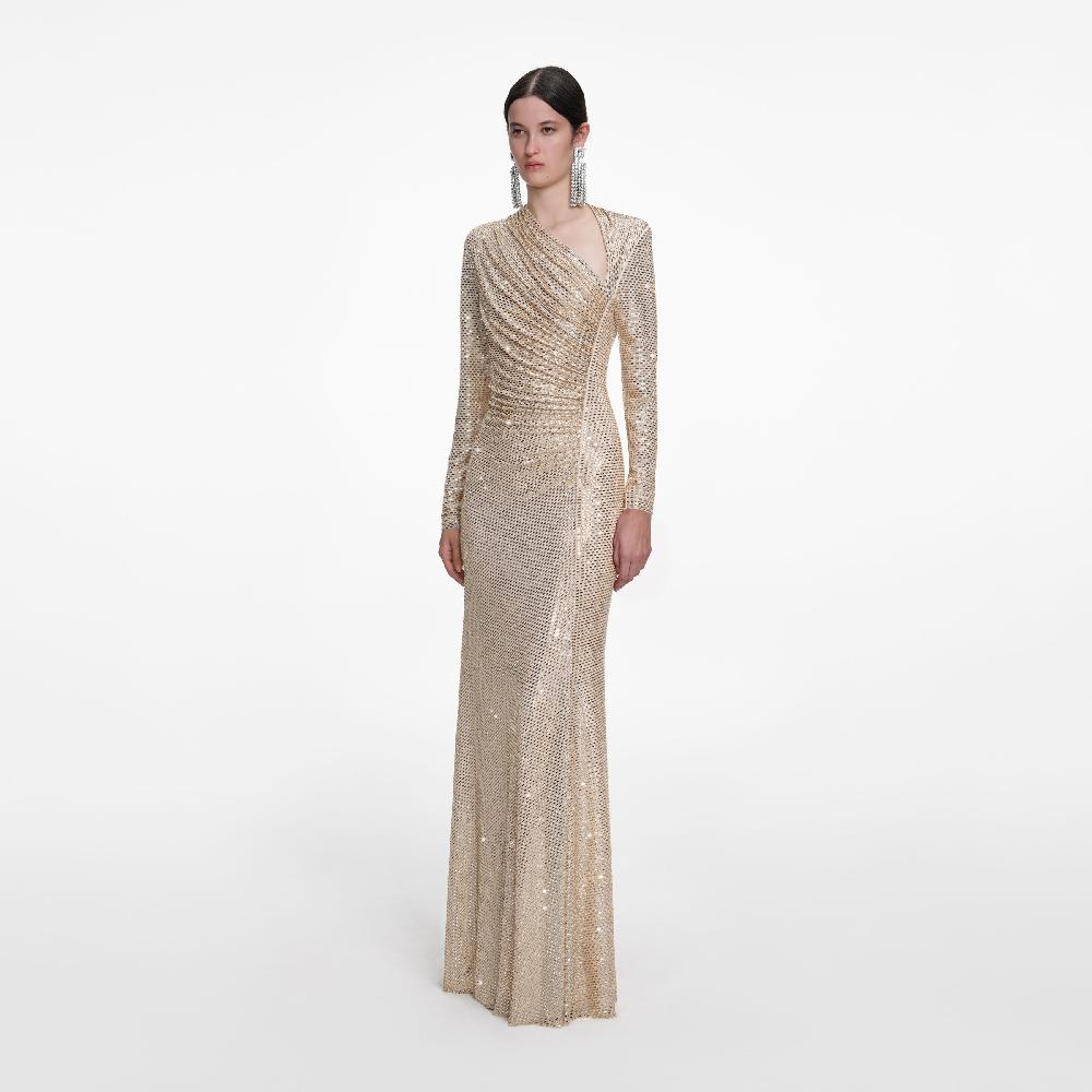 Self Portrait Champagne Rhinestone Drape Maxi Dress CLOTHING