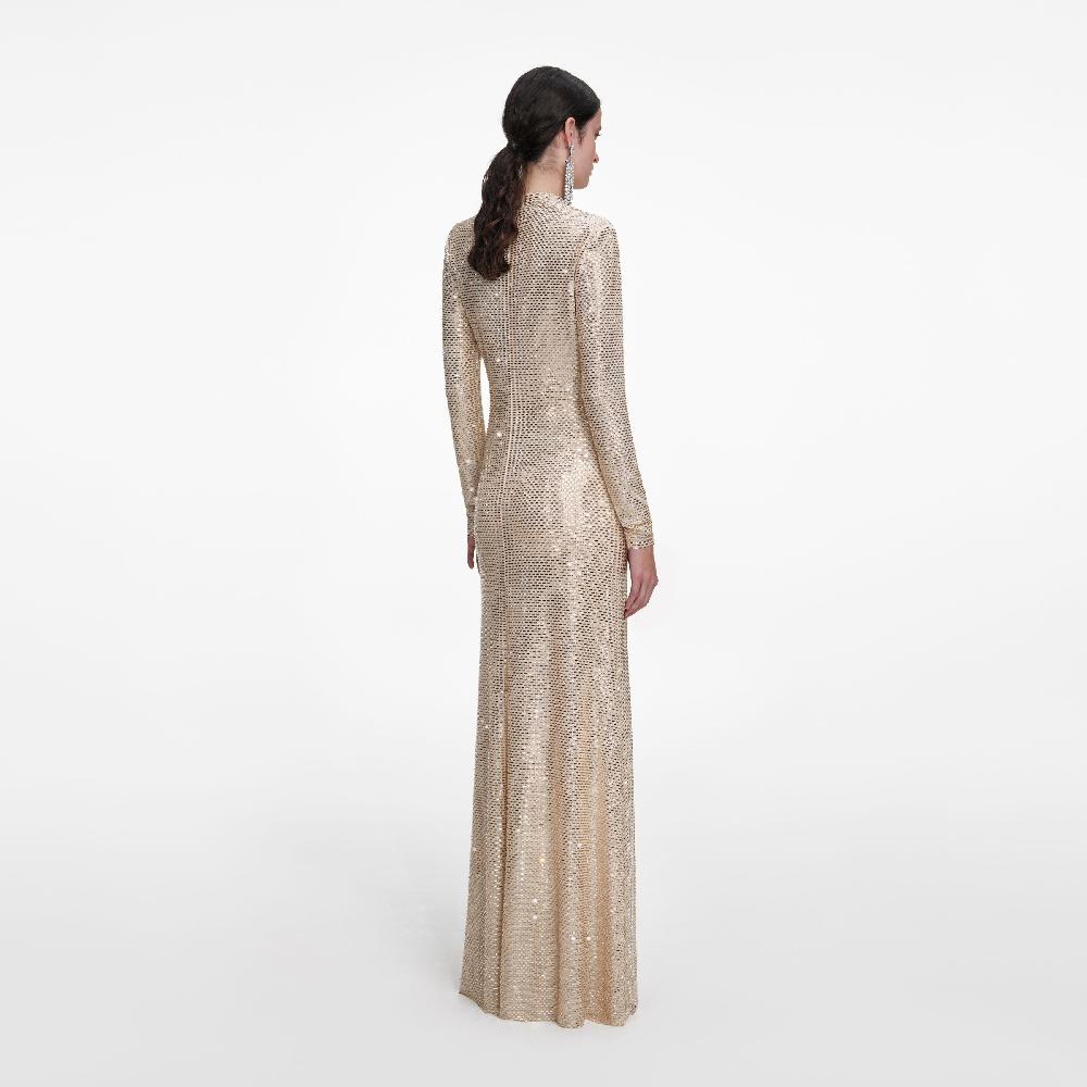 Self Portrait Champagne Rhinestone Drape Maxi Dress CLOTHING