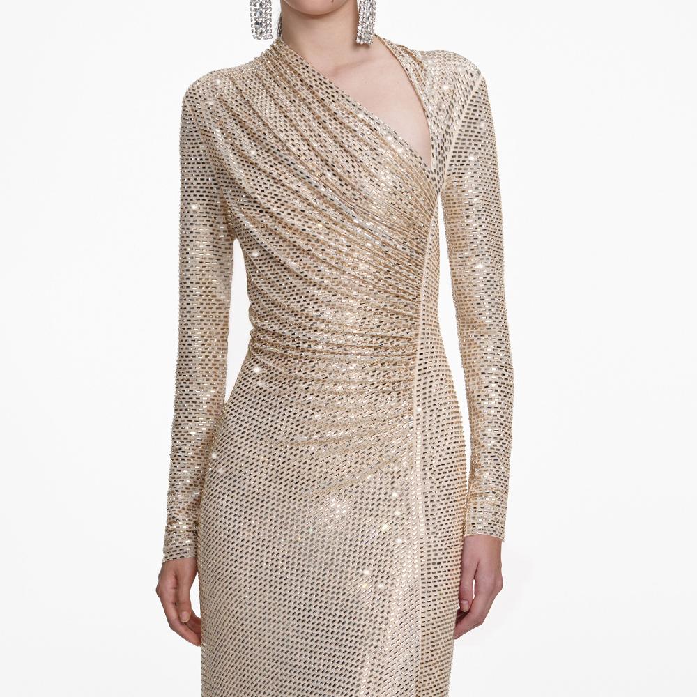 Self Portrait Champagne Rhinestone Drape Maxi Dress CLOTHING