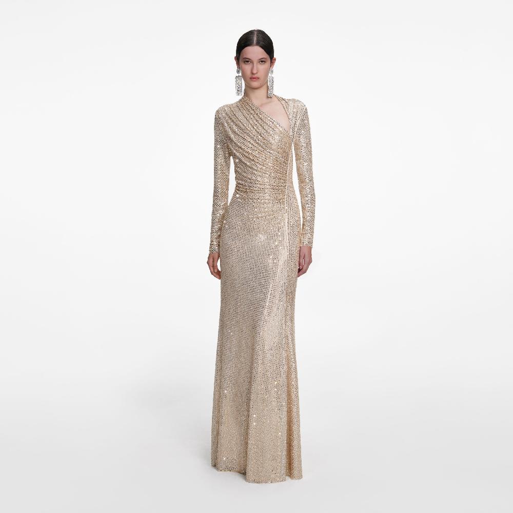 self portrait Champagne Rhinestone Drape Maxi Dress CLOTHING