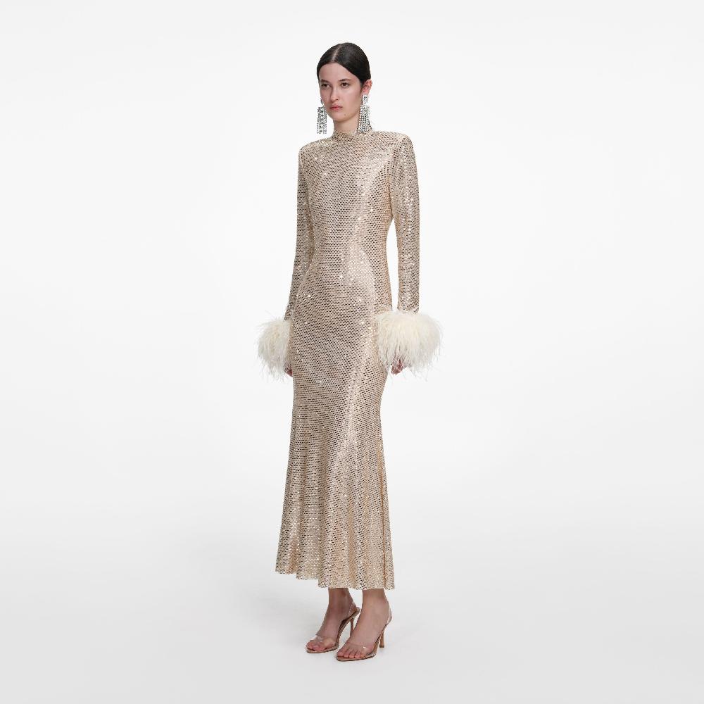 Self Portrait Champagne Rhinestone Feather Midi Dress CLOTHING