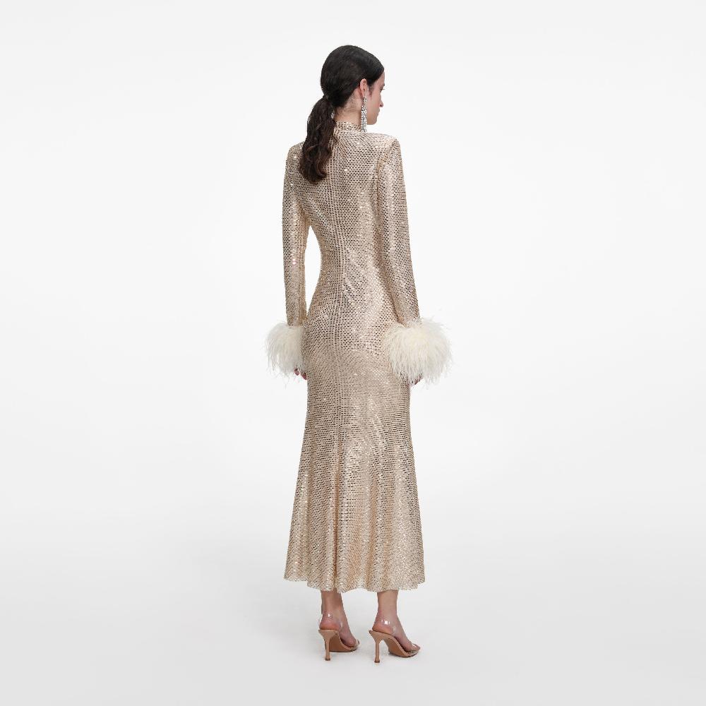 Self Portrait Champagne Rhinestone Feather Midi Dress CLOTHING
