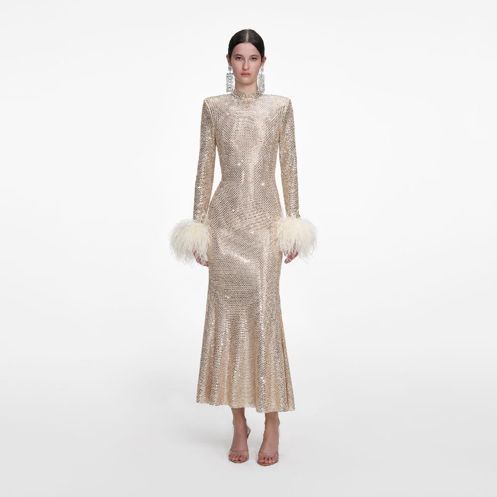 self portrait Champagne Rhinestone Feather Midi Dress CLOTHING