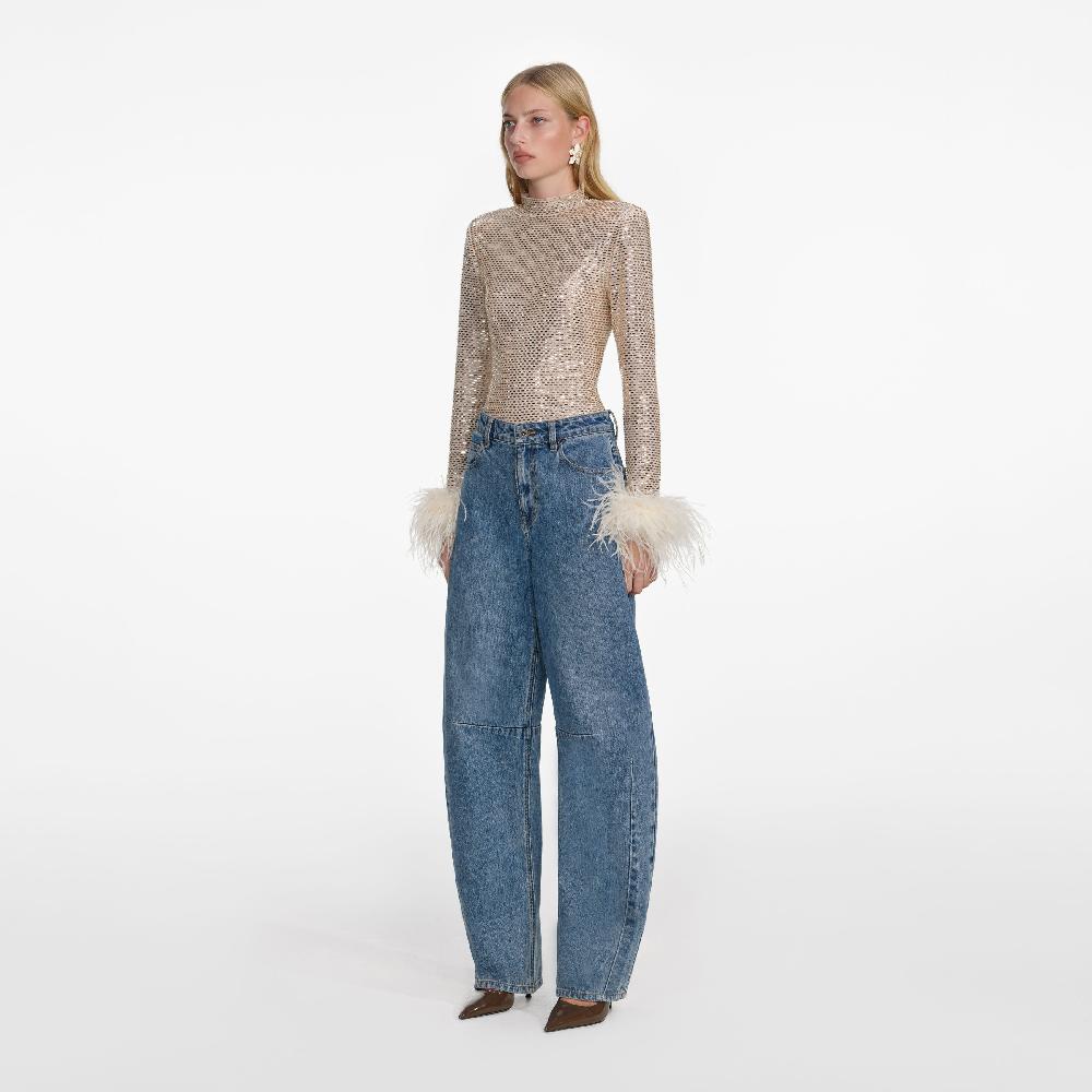 Self Portrait Champagne Rhinestone Feather Top CLOTHING