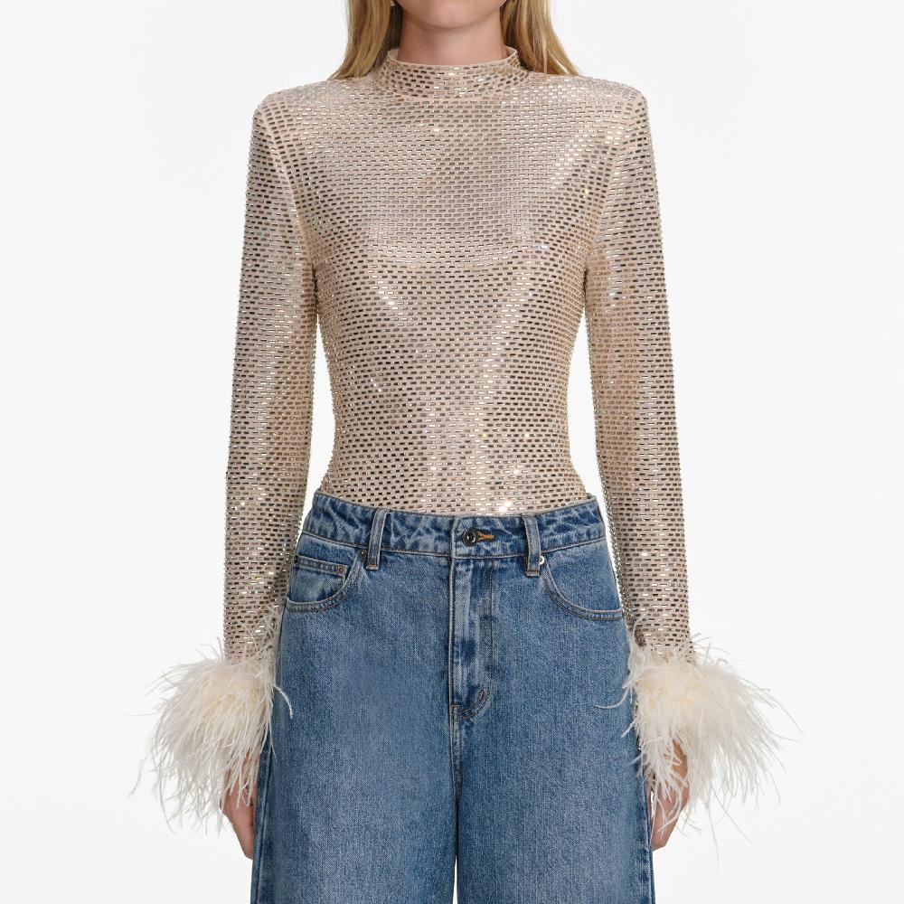 Self Portrait Champagne Rhinestone Feather Top CLOTHING