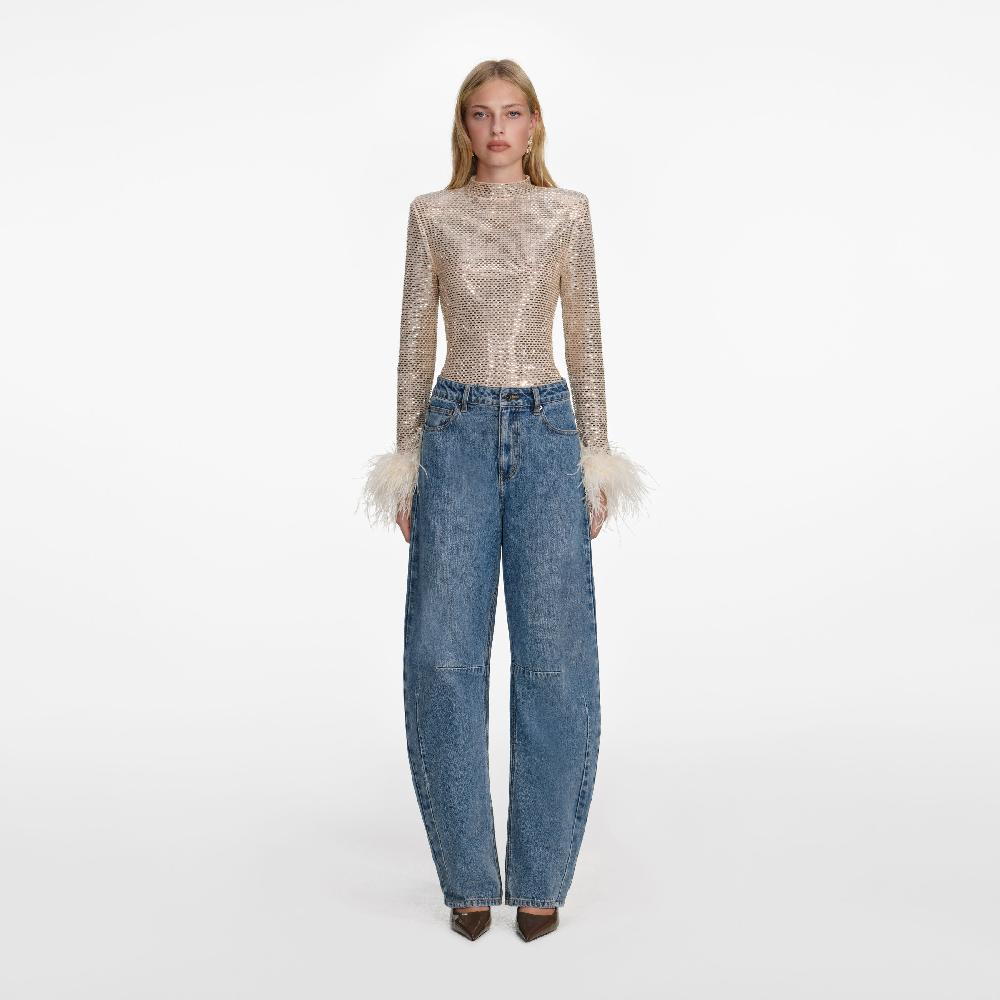 self portrait Champagne Rhinestone Feather Top CLOTHING