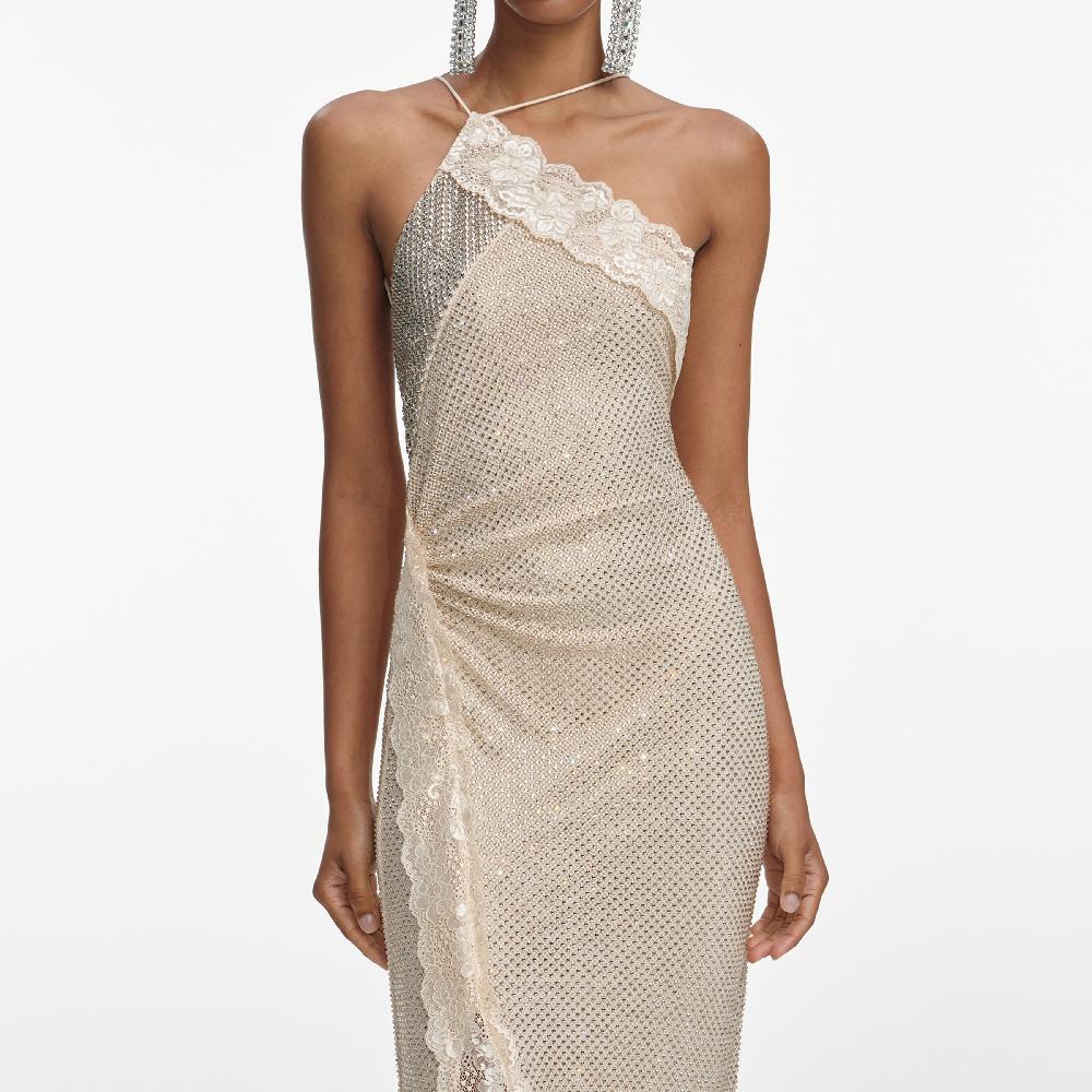 Self Portrait Champagne Rhinestone Lace Trim Maxi Dress CLOTHING