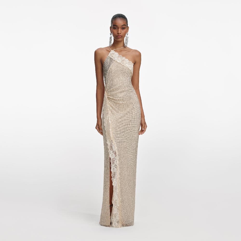 self portrait Champagne Rhinestone Lace Trim Maxi Dress CLOTHING