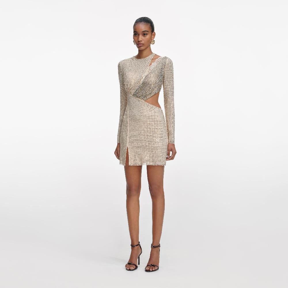 Self Portrait Champagne Rhinestone Lace Trim Mini Dress CLOTHING