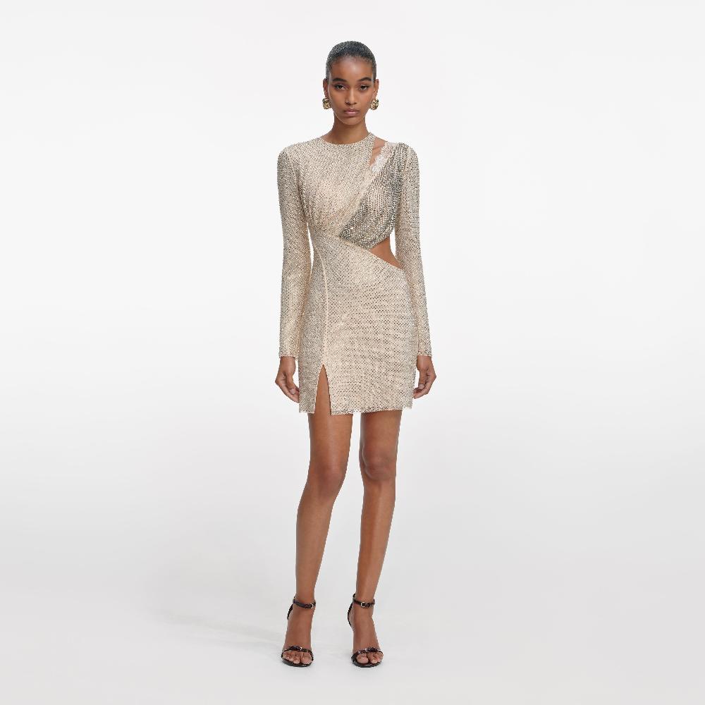 self portrait Champagne Rhinestone Lace Trim Mini Dress CLOTHING