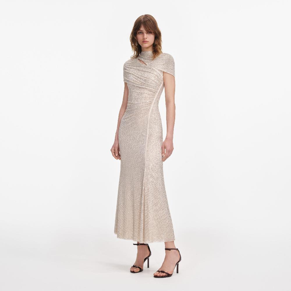 Self Portrait Champagne Rhinestone Mesh Cut Out Midi Dress CLOTHING