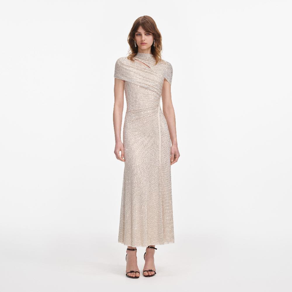 self portrait Champagne Rhinestone Mesh Cut Out Midi Dress CLOTHING