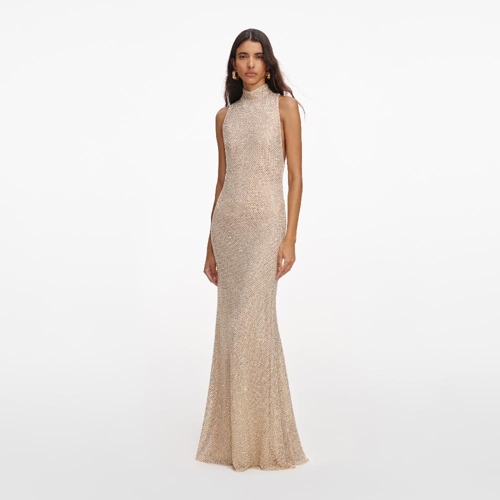 Self Portrait Champagne Rhinestone Racer Back Maxi Dress CLOTHING