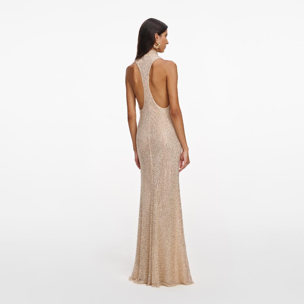 Self Portrait Champagne Rhinestone Racer Back Maxi Dress CLOTHING
