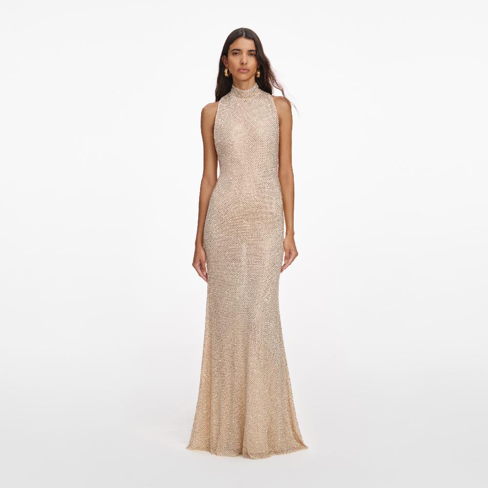 self portrait Champagne Rhinestone Racer Back Maxi Dress CLOTHING