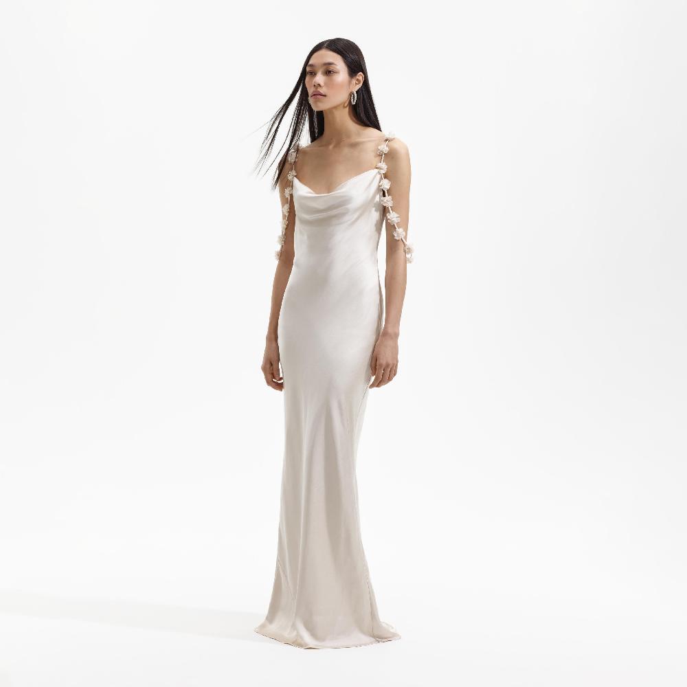 Self Portrait Champagne Satin Flower Maxi Dress CLOTHING