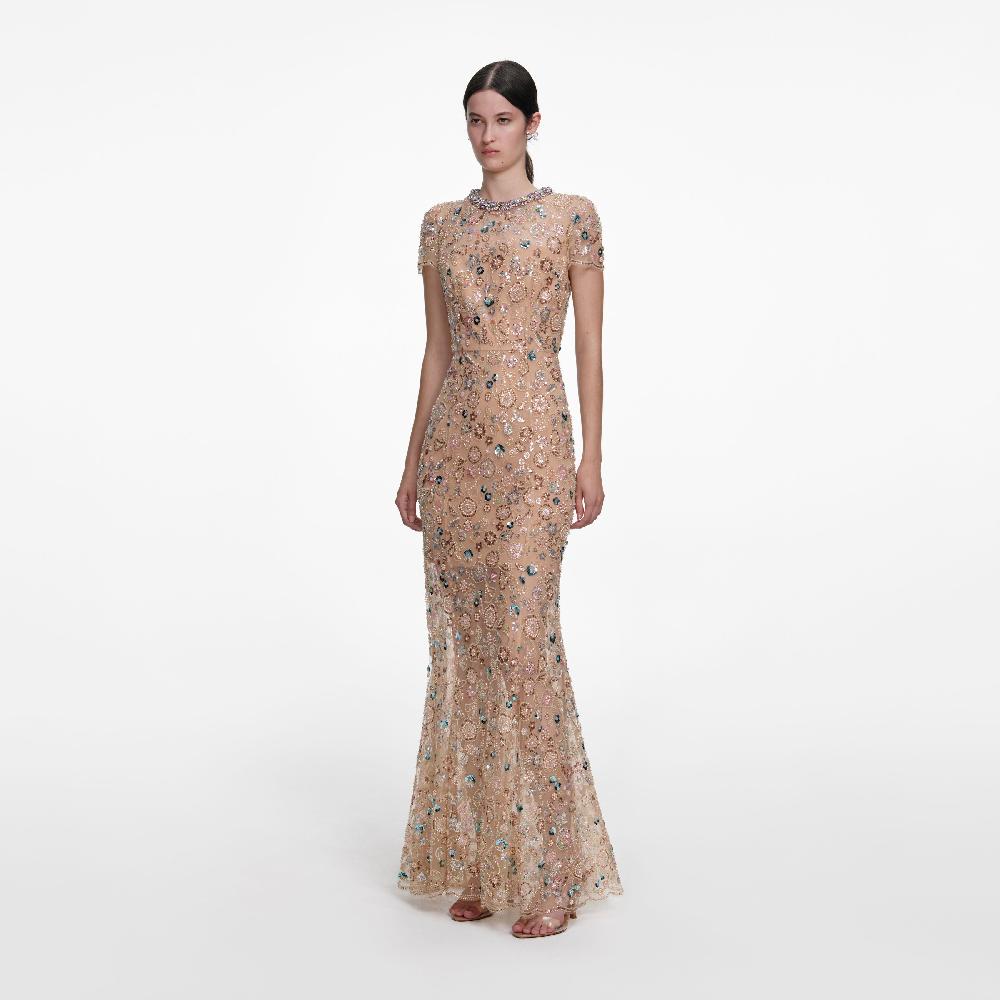 Self Portrait Champagne Sequin Embroidered Maxi Dress CLOTHING