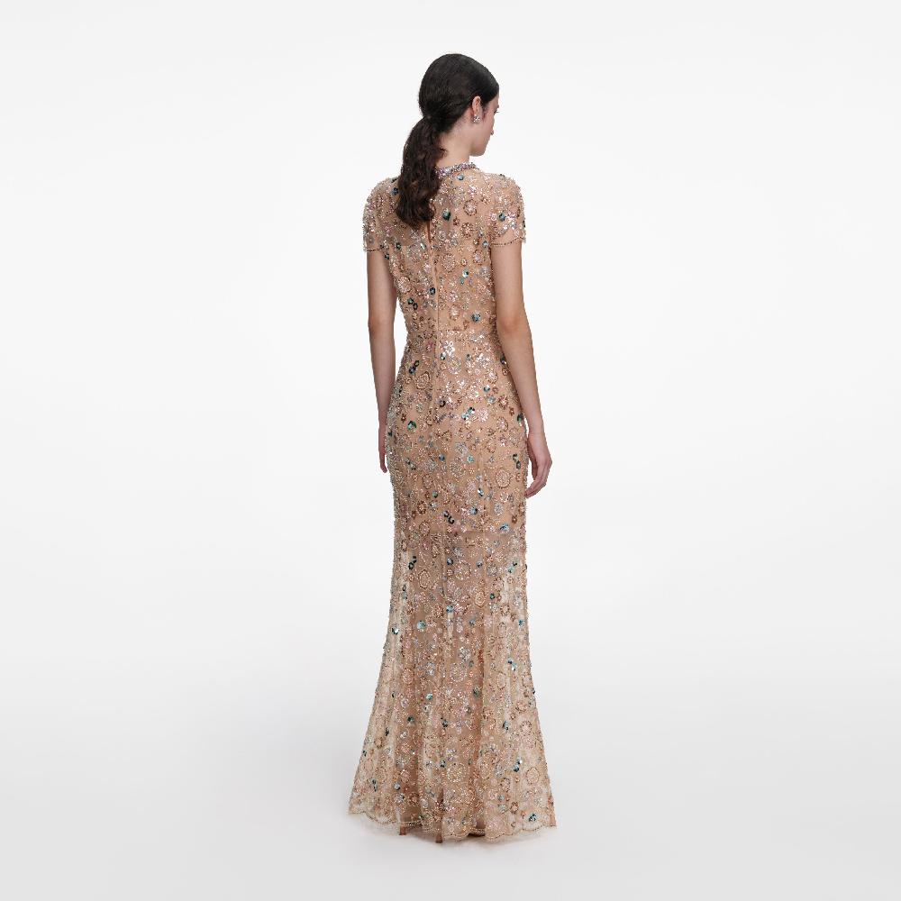Self Portrait Champagne Sequin Embroidered Maxi Dress CLOTHING