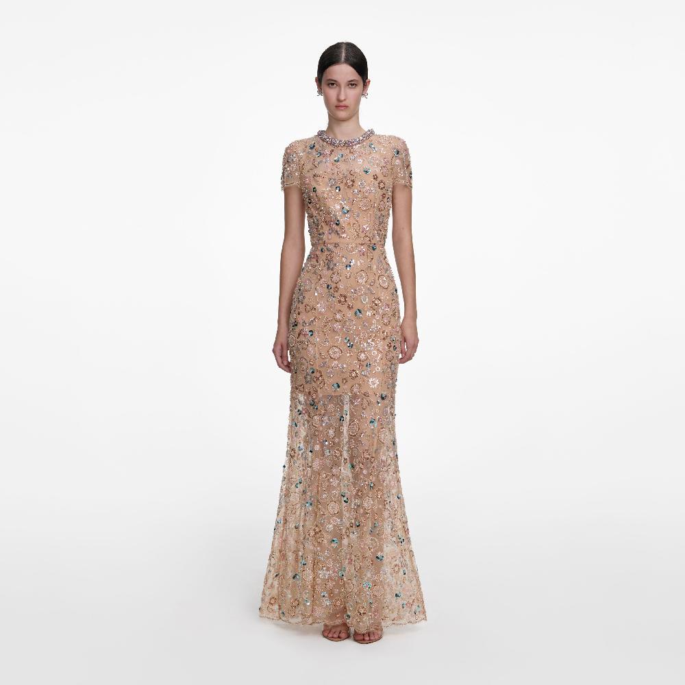 self portrait Champagne Sequin Embroidered Maxi Dress CLOTHING
