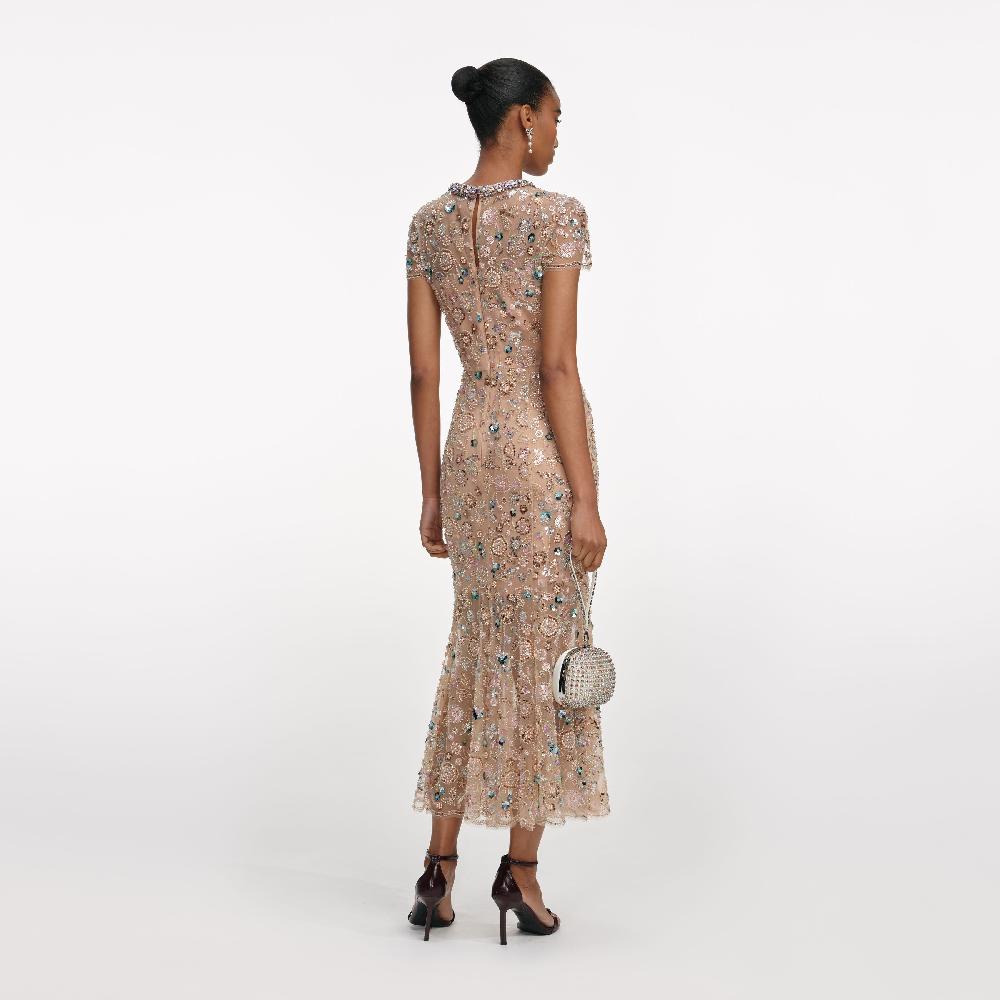 Self Portrait Champagne Sequin Embroidered Midi Dress CLOTHING