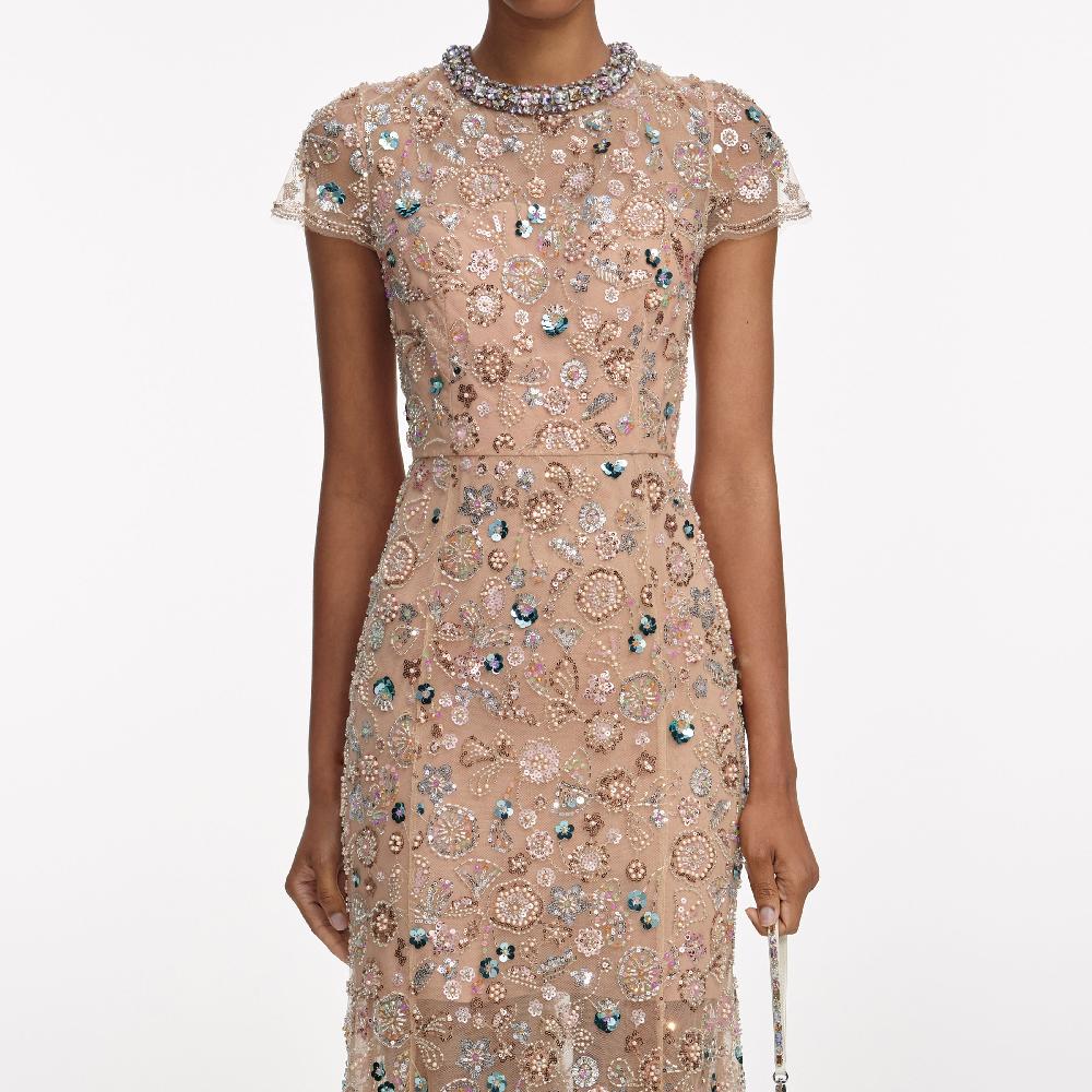 Self Portrait Champagne Sequin Embroidered Midi Dress CLOTHING