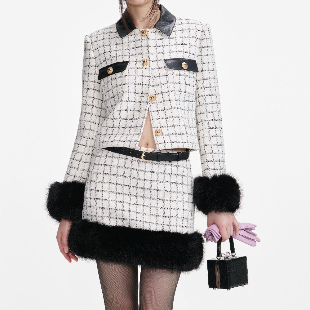 Self Portrait Check Boucle Fur Hem Mini Skirt CLOTHING