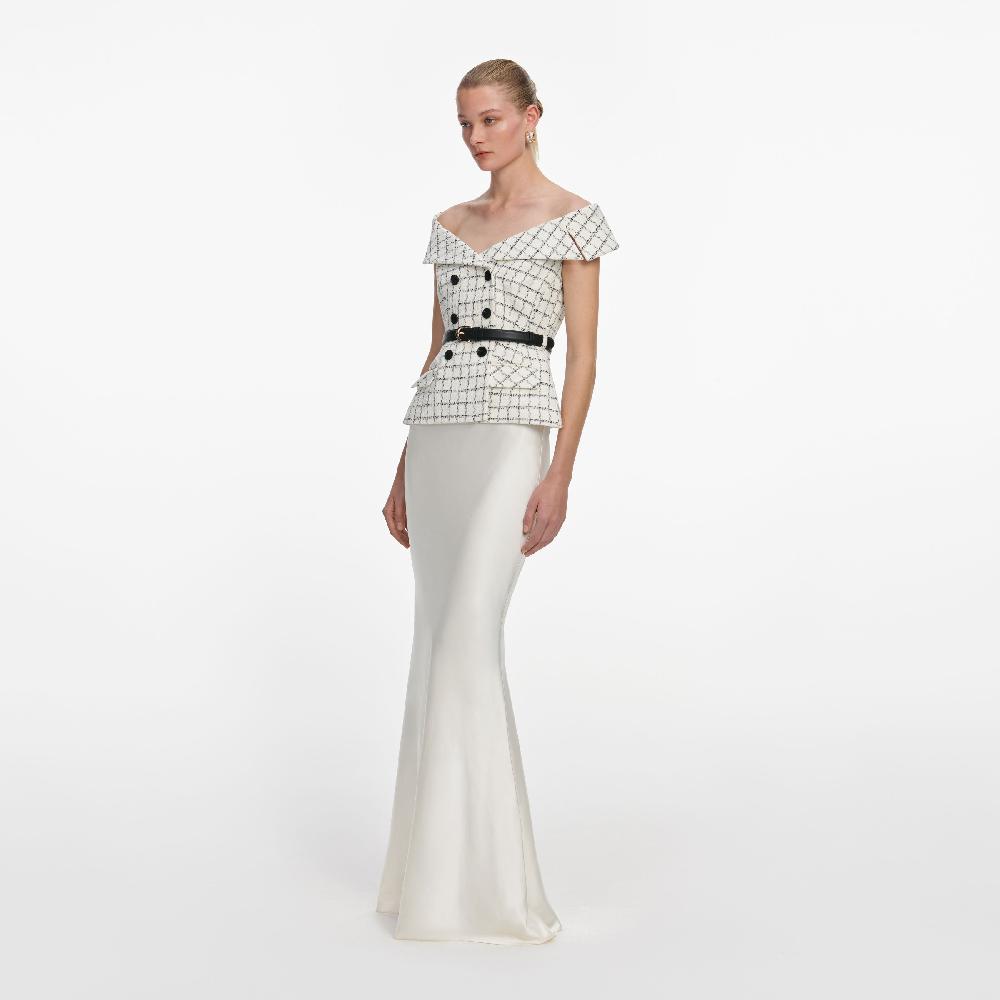 Self Portrait Check Boucle Satin Maxi Dress CLOTHING