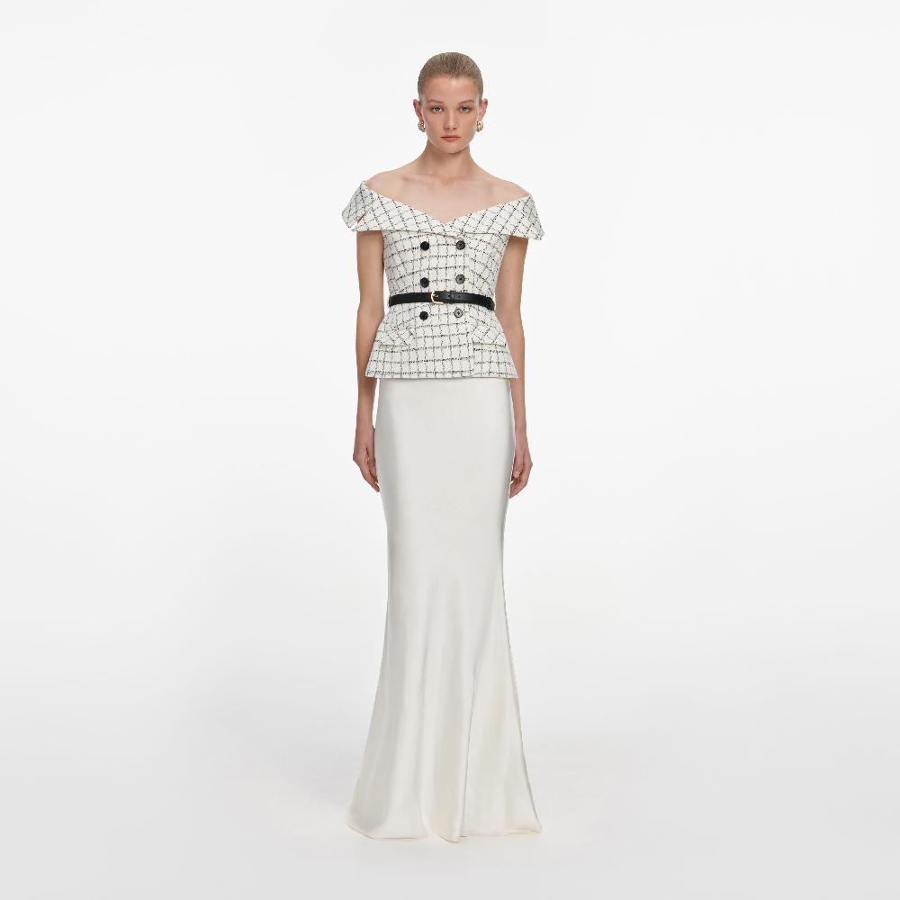 self portrait Check Boucle Satin Maxi Dress CLOTHING