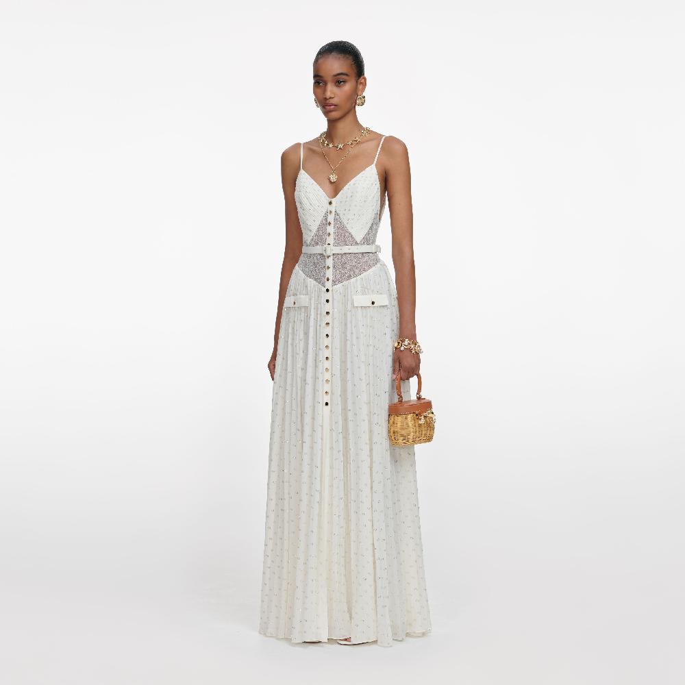 Self Portrait Cream And Gold Chiffon Maxi Dress CLOTHING