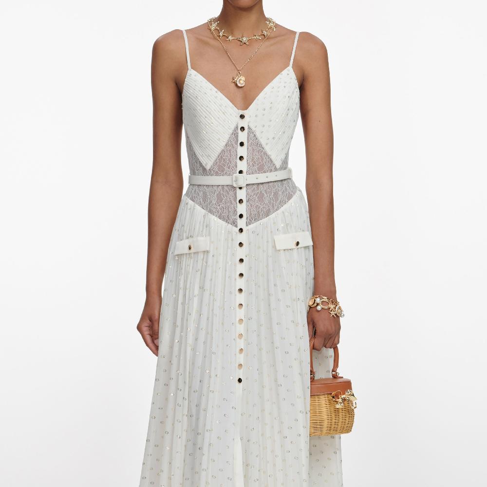 Self Portrait Cream And Gold Chiffon Maxi Dress CLOTHING