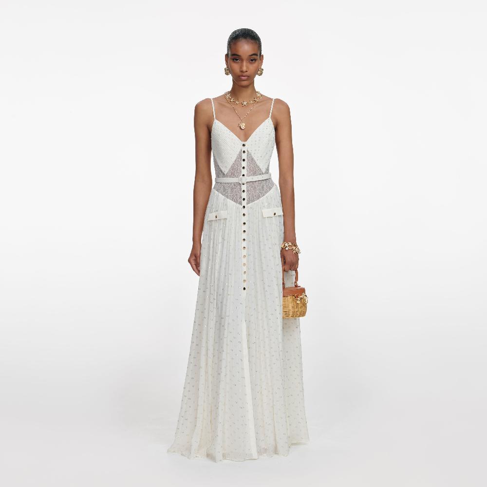 self portrait Cream And Gold Chiffon Maxi Dress CLOTHING