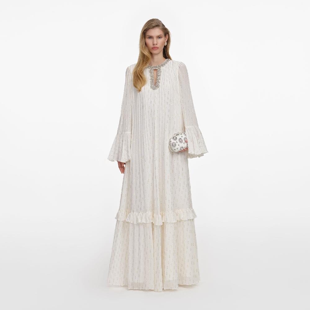 self portrait Cream And Gold Chiffon Maxi Dress CLOTHING