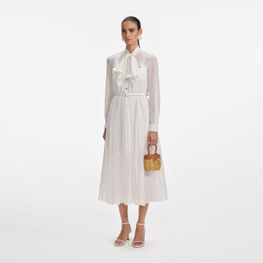 Self Portrait Cream And Gold Tie Neck Midi Dress CLOTHING