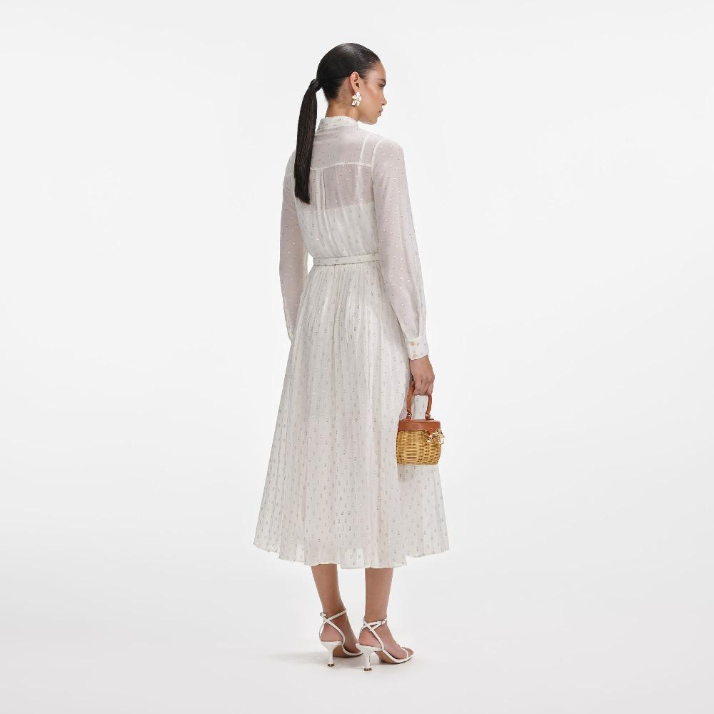 Self Portrait Cream And Gold Tie Neck Midi Dress CLOTHING