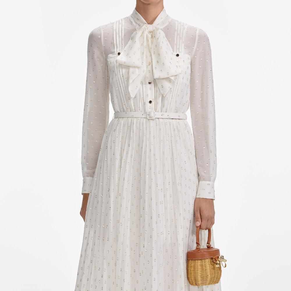 Self Portrait Cream And Gold Tie Neck Midi Dress CLOTHING