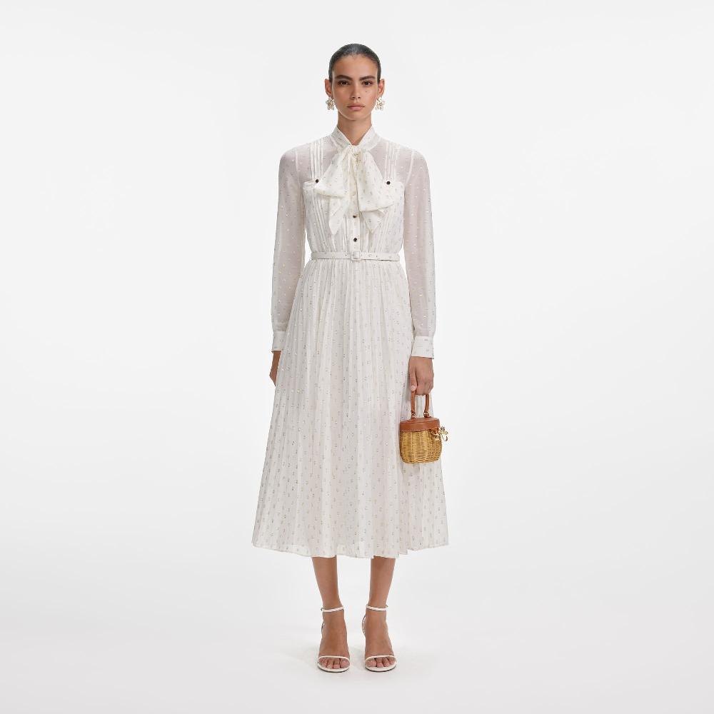 self portrait Cream And Gold Tie Neck Midi Dress CLOTHING