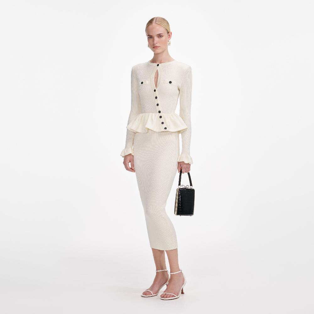 Self Portrait Cream Asymmetric Knit Midi Dress CLOTHING