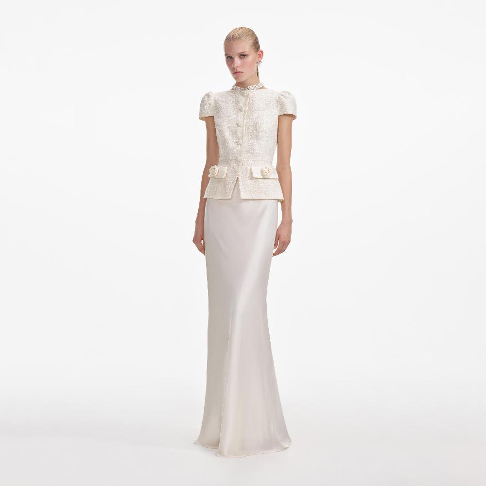 Self Portrait Cream Boucle Bow Detail Maxi Dress CLOTHING