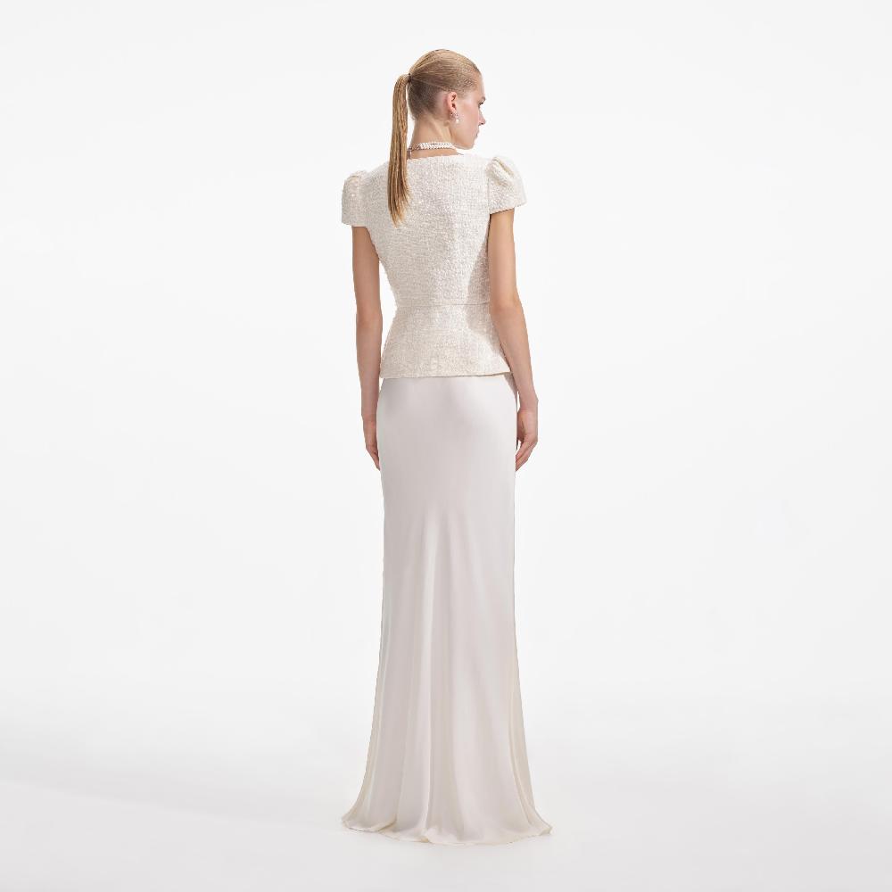 Self Portrait Cream Boucle Bow Detail Maxi Dress CLOTHING